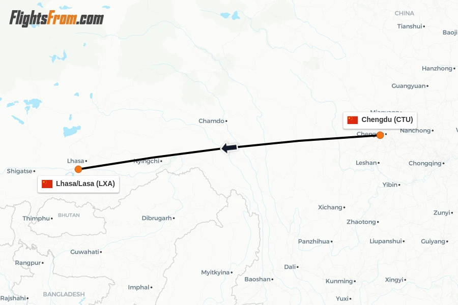 Flights from Chengdu to Lhasa/Lasa route map