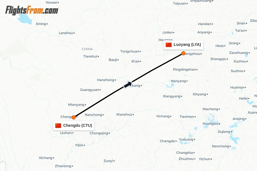 Flights from Chengdu to Luoyang route map