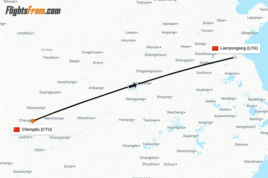 Flights from Chengdu to Lianyungang route map