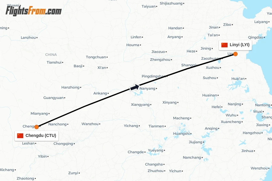 Flights from Chengdu to Linyi route map
