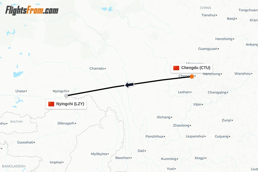 Flights from Chengdu to Nyingchi route map