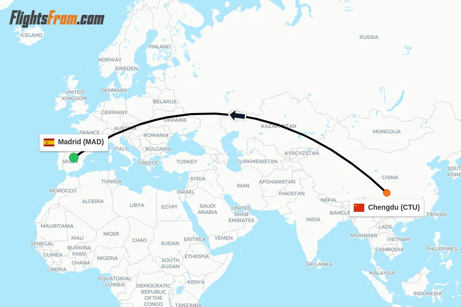 Flights from Chengdu to Madrid route map