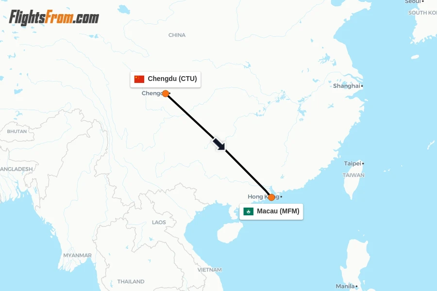 Flights from Chengdu to Macau route map