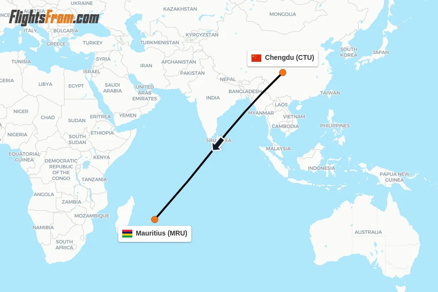 Flights from Chengdu to Mauritius route map