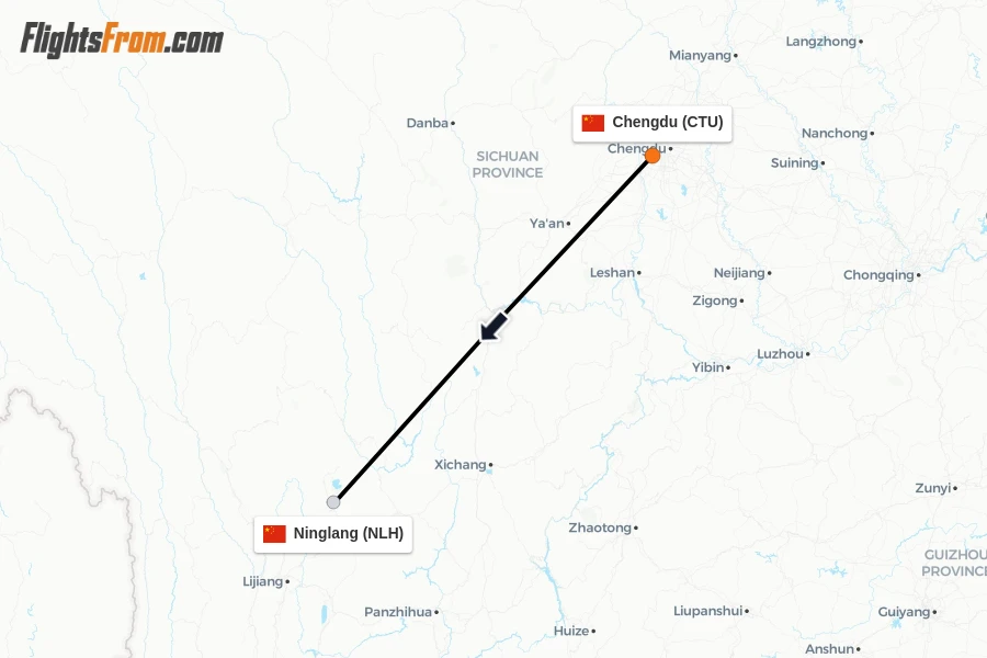 Flights from Chengdu to Ninglang route map
