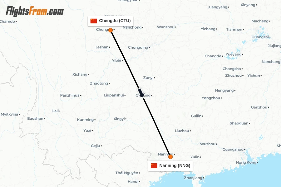 Flights from Chengdu to Nanning route map