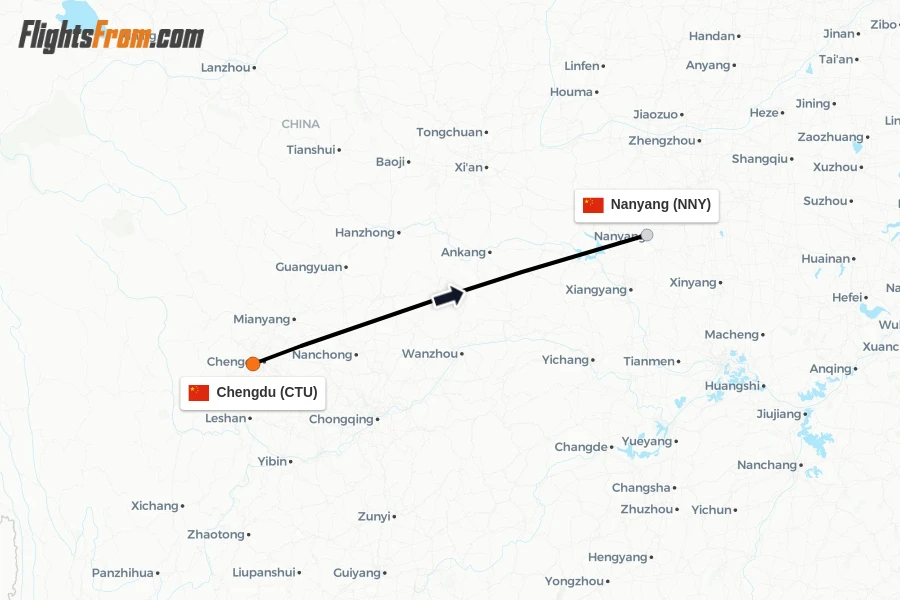 Flights from Chengdu to Nanyang route map