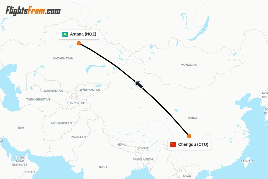 Flights from Chengdu to Astana route map