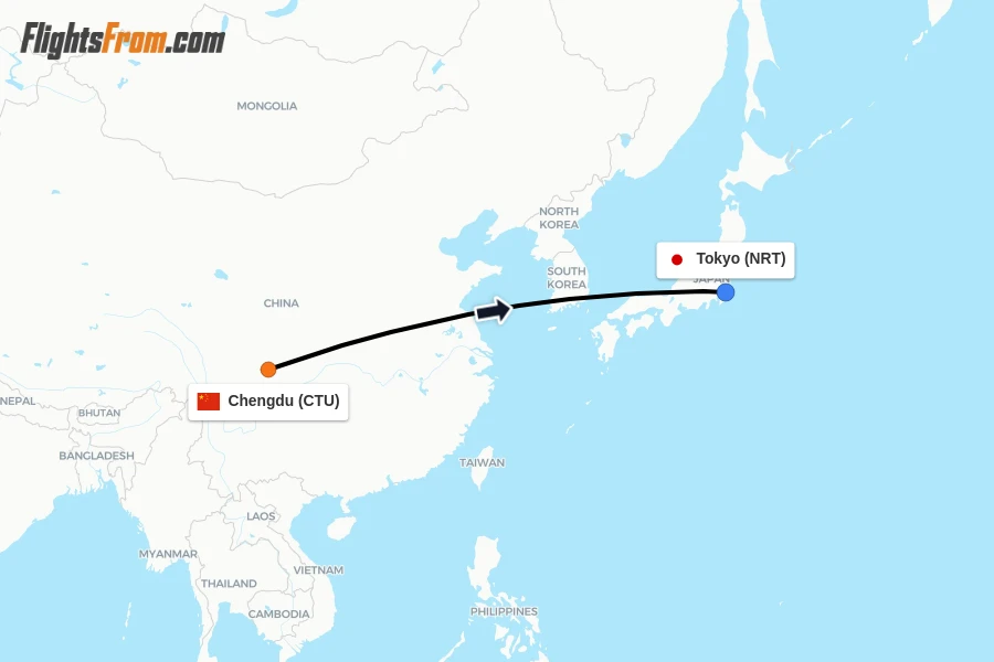 Flights from Chengdu to Tokyo route map