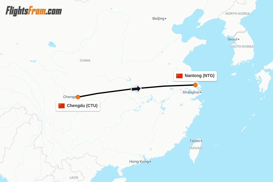 Flights from Chengdu to Nantong route map