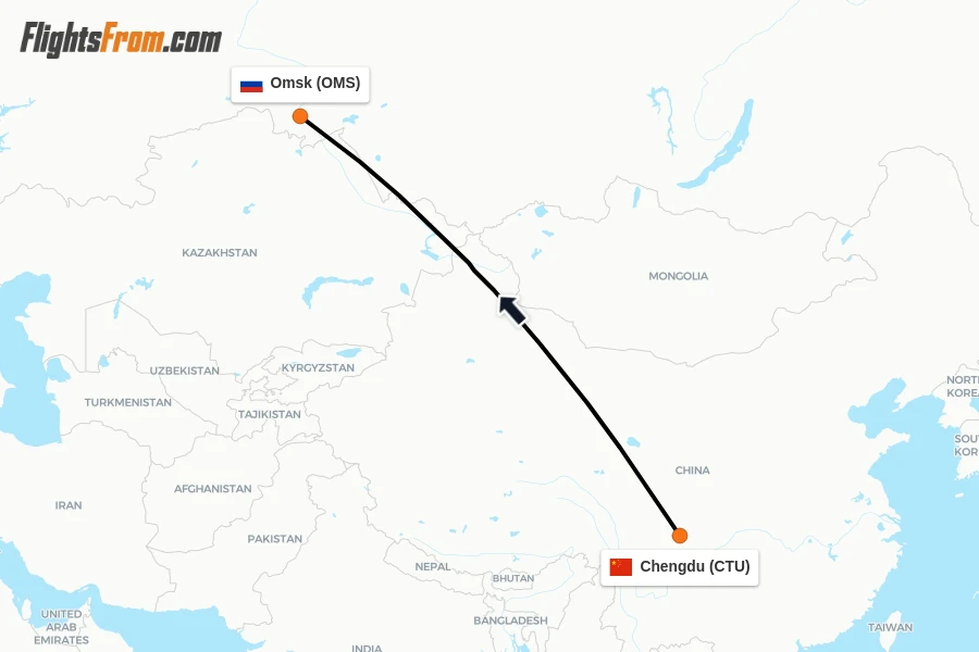 Flights from Chengdu to Omsk route map
