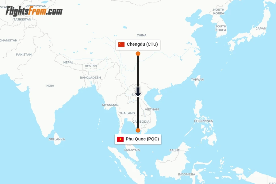 Flights from Chengdu to Phu Quoc route map