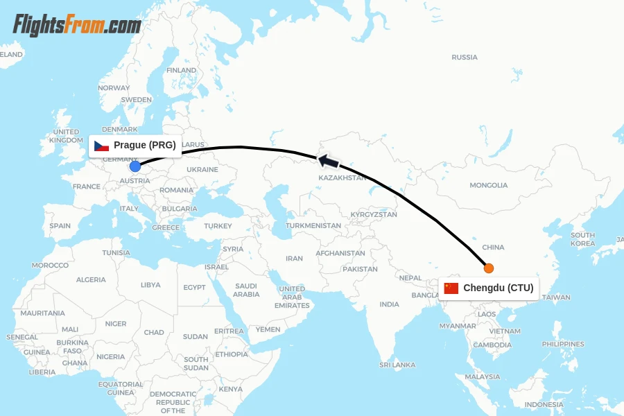 Flights from Chengdu to Prague route map