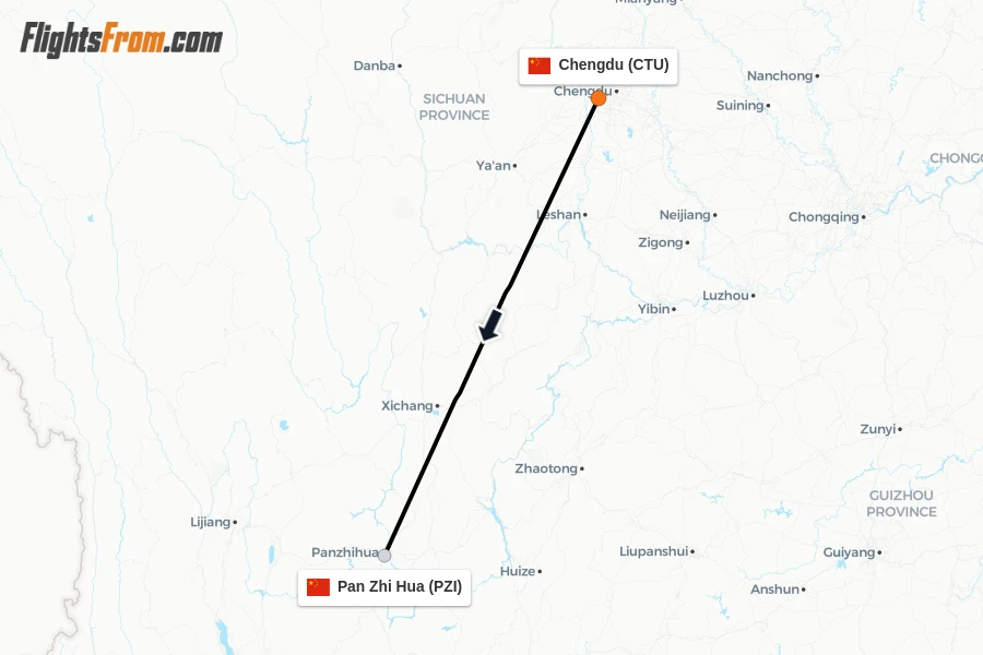 Flights from Chengdu to Pan Zhi Hua route map