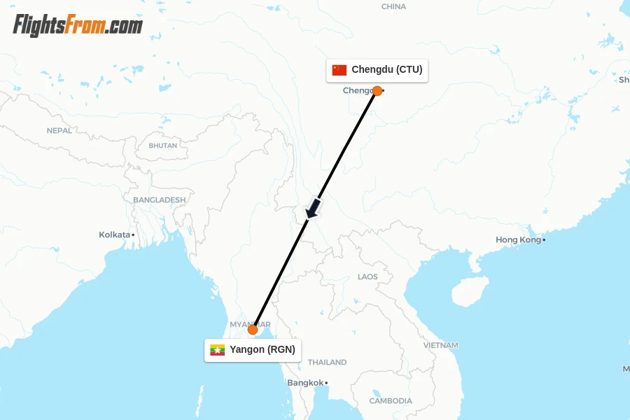 Flights from Chengdu to Yangon route map