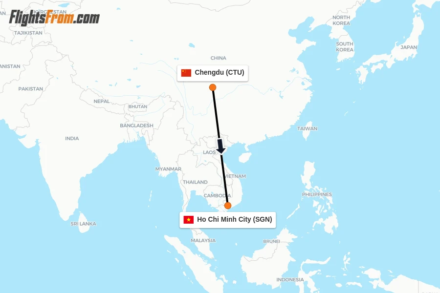 Flights from Chengdu to Ho Chi Minh City route map