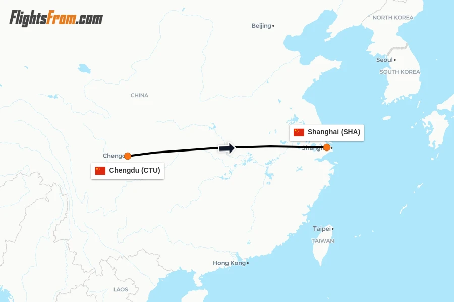Flights from Chengdu to Shanghai route map
