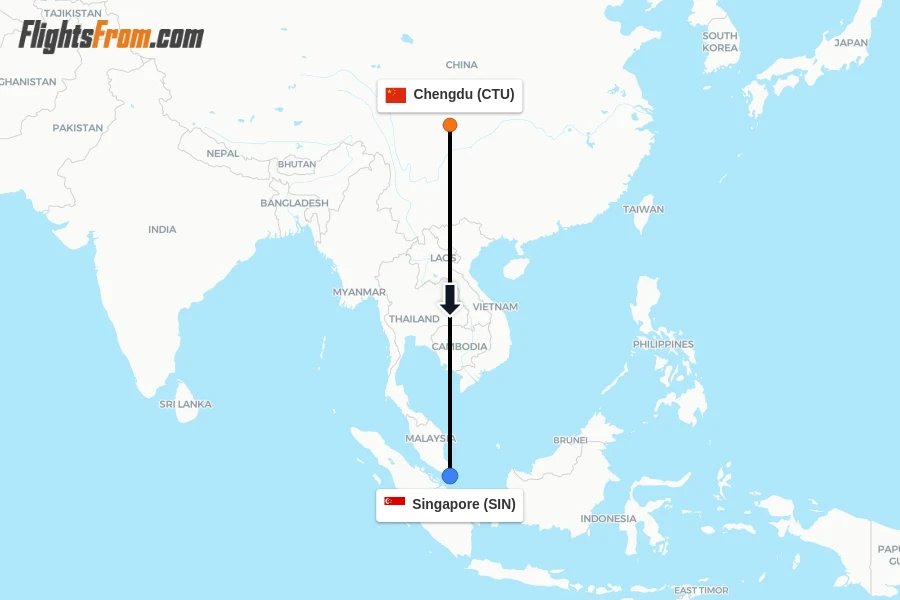 Flights from Chengdu to Singapore route map