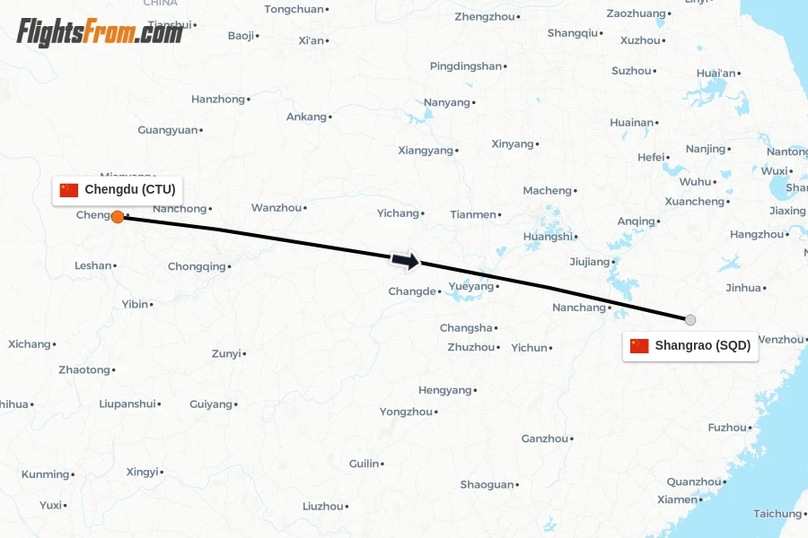 Flights from Chengdu to Shangrao route map