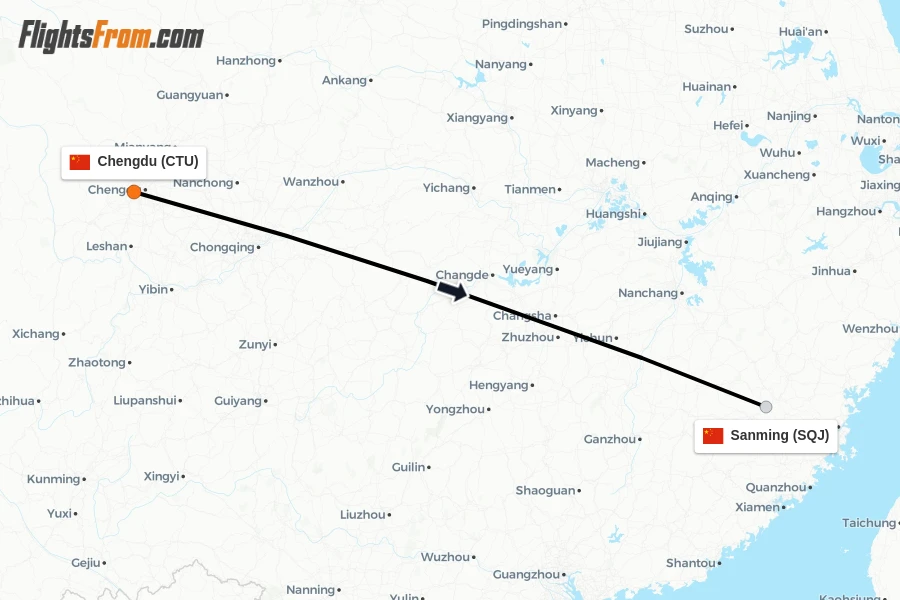 Flights from Chengdu to Sanming route map