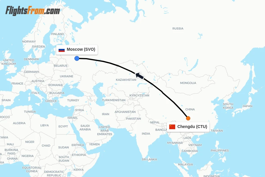 Flights from Chengdu to Moscow route map