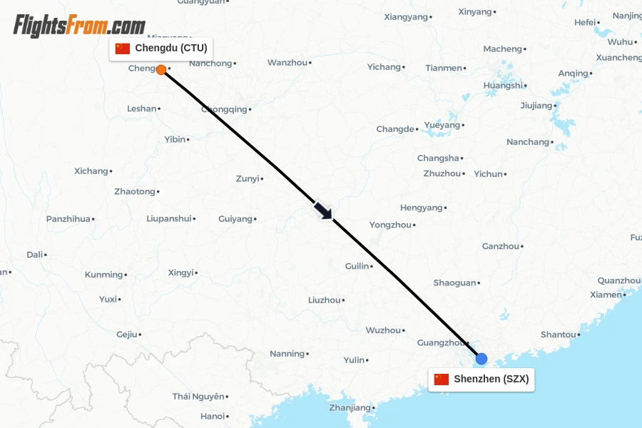 Flights from Chengdu to Shenzhen route map