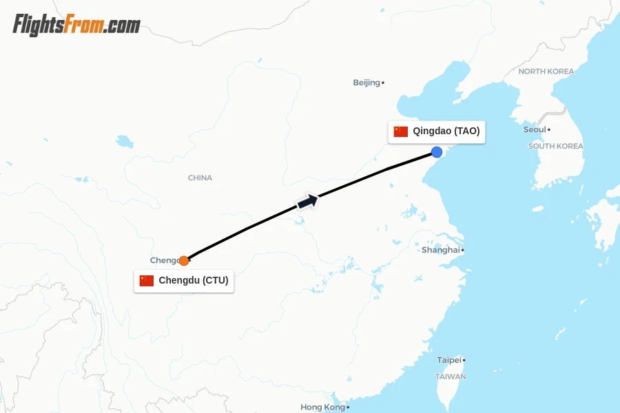 Flights from Chengdu to Qingdao route map