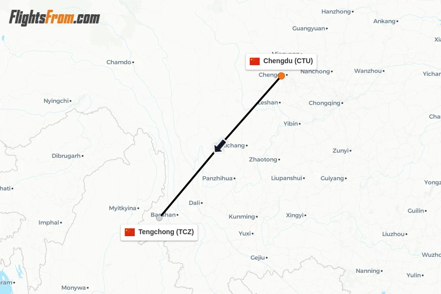 Flights from Chengdu to Tengchong route map