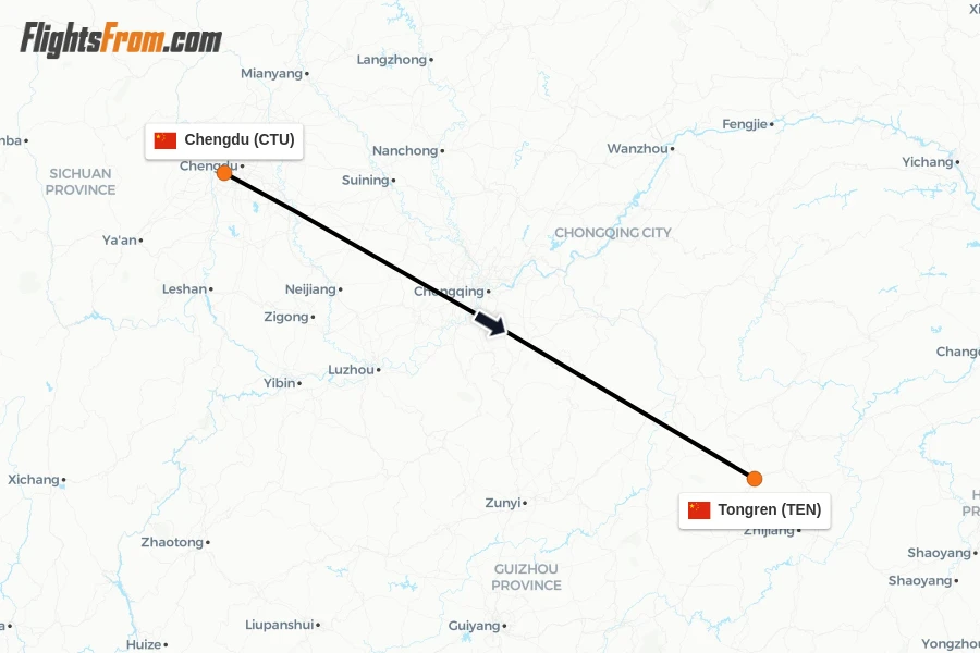 Flights from Chengdu to Tongren route map