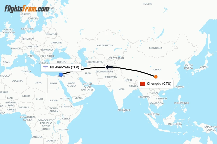 Flights from Chengdu to Tel Aviv-Yafo route map