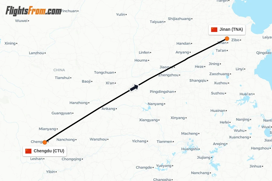 Flights from Chengdu to Jinan route map