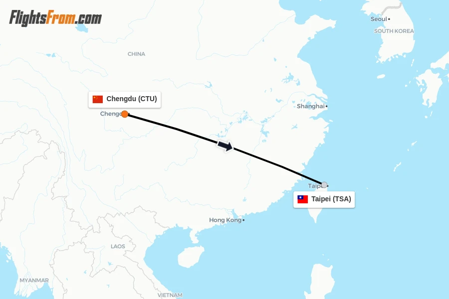 Flights from Chengdu to Taipei route map