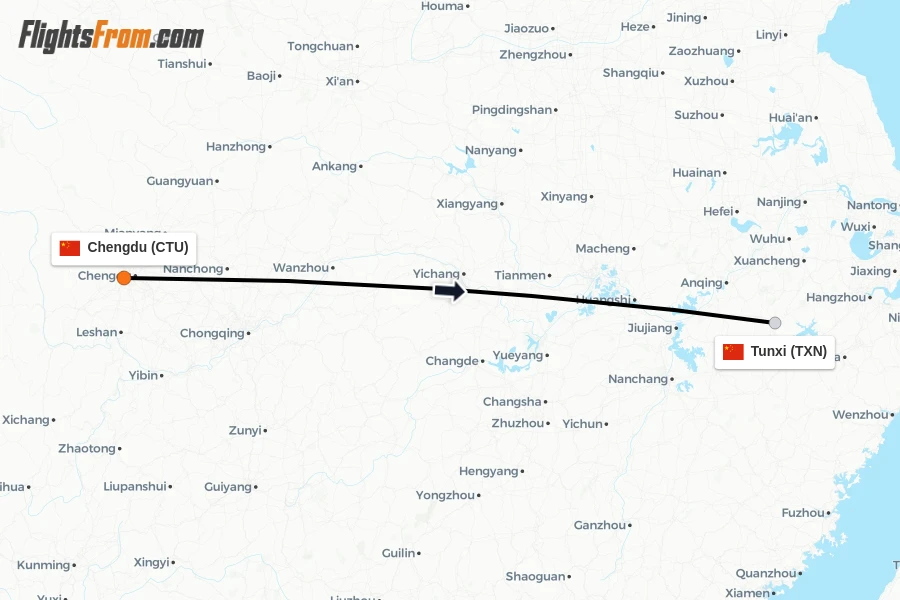 Flights from Chengdu to Tunxi route map