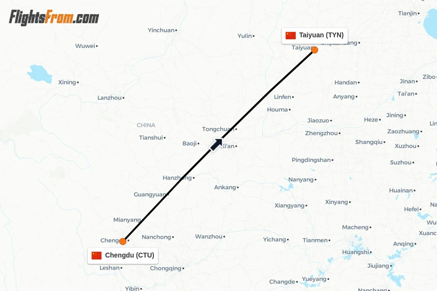 Flights from Chengdu to Taiyuan route map