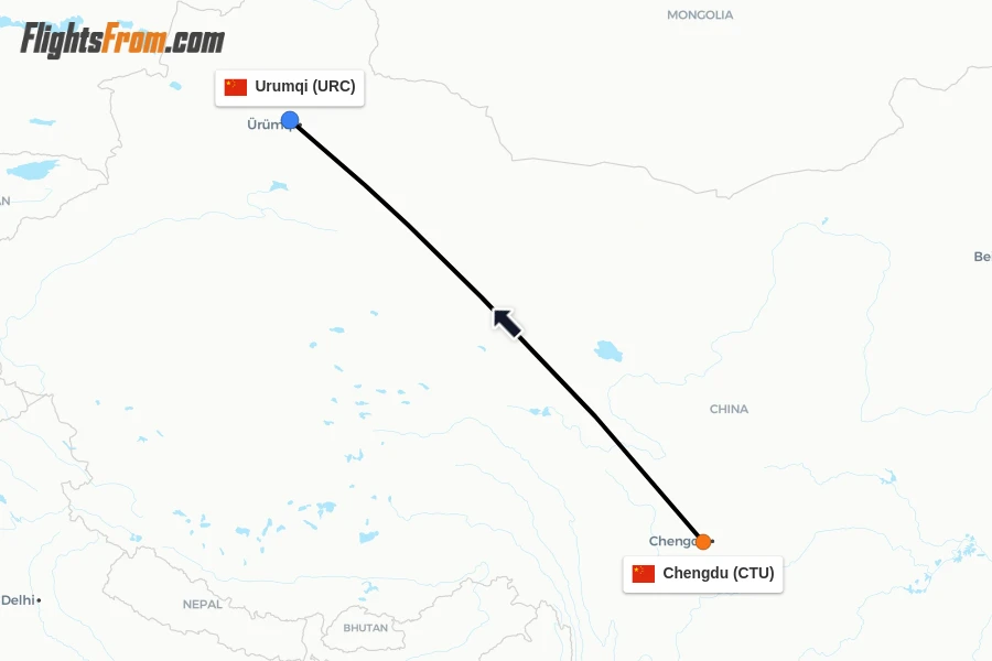 Flights from Chengdu to Urumqi route map