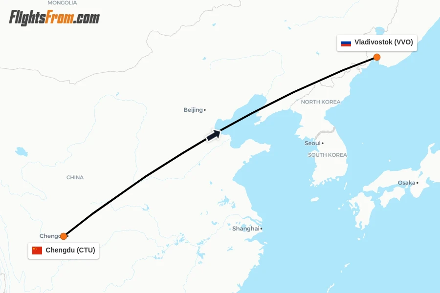 Flights from Chengdu to Vladivostok route map