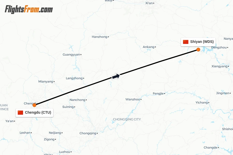 Flights from Chengdu to Shiyan route map