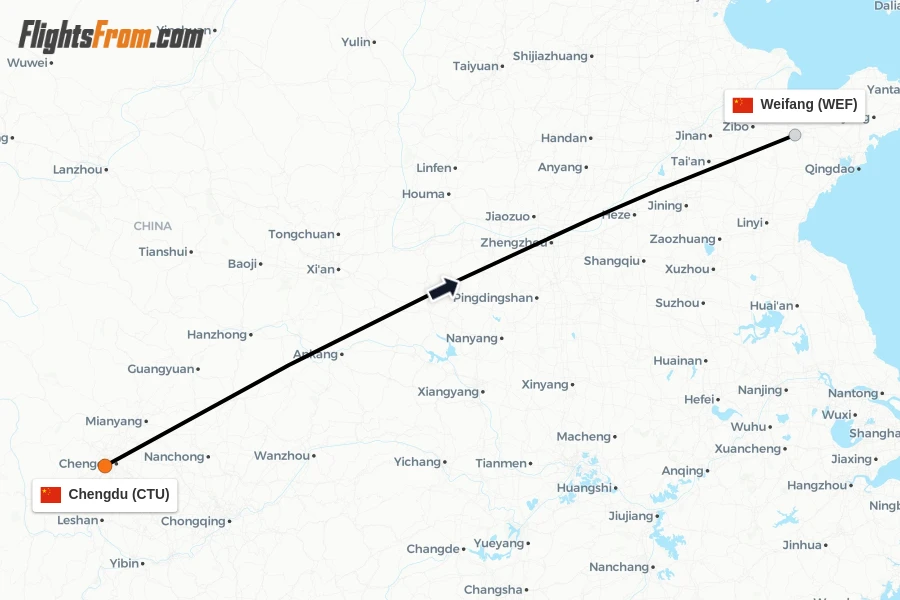 Flights from Chengdu to Weifang route map
