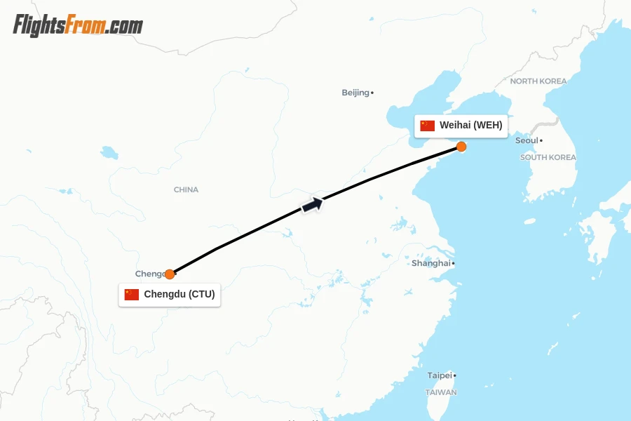 Flights from Chengdu to Weihai route map