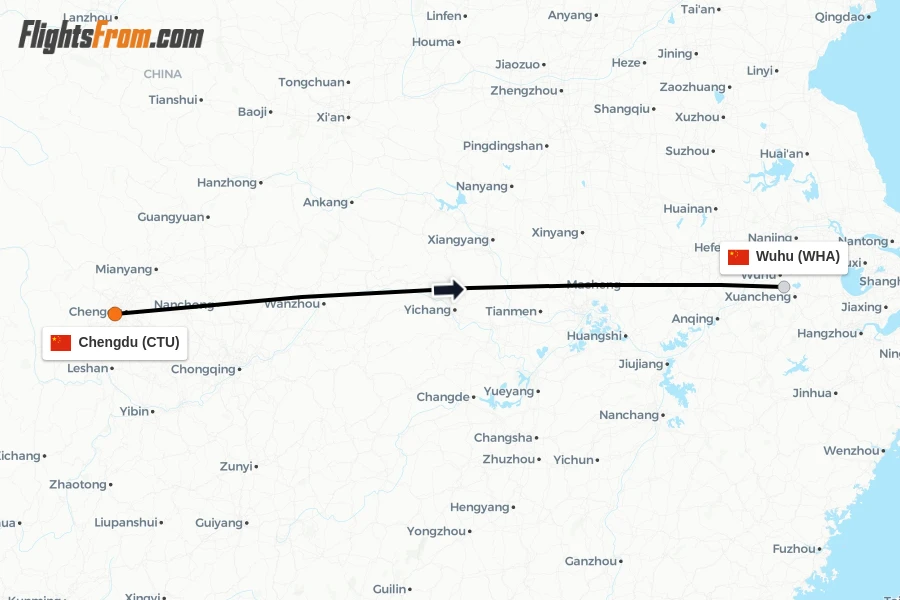 Flights from Chengdu to Wuhu route map