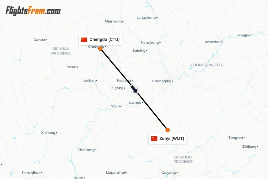 Flights from Chengdu to Zunyi route map