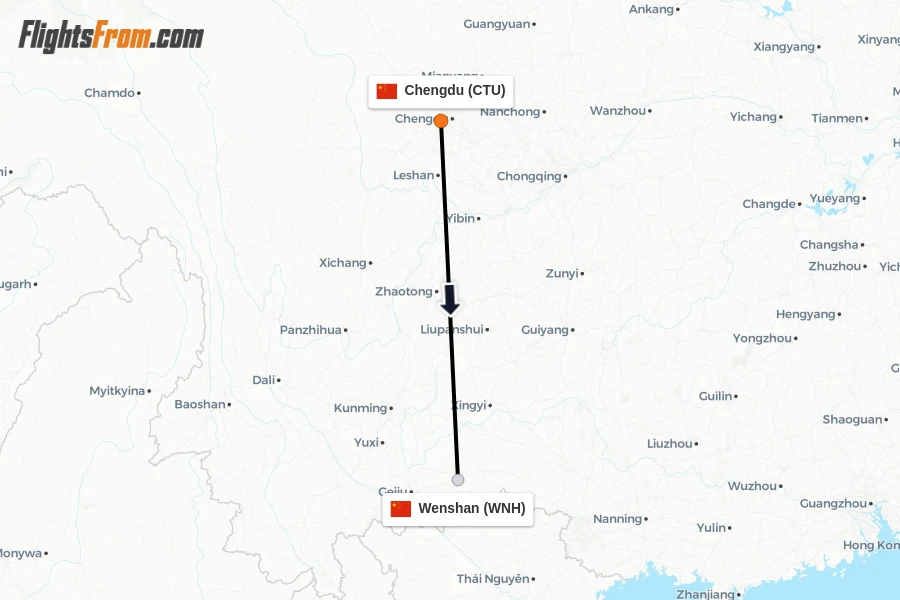 Flights from Chengdu to Wenshan route map