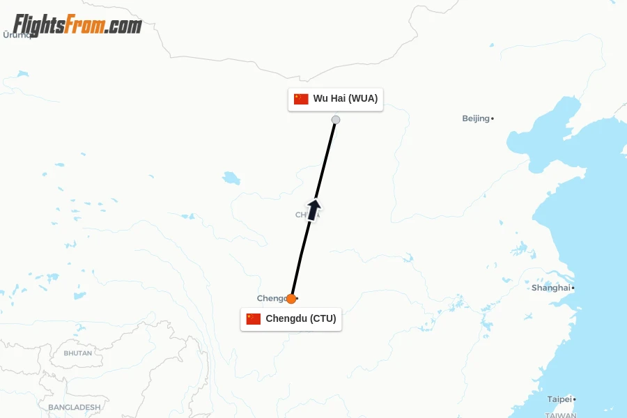 Flights from Chengdu to Wu Hai route map