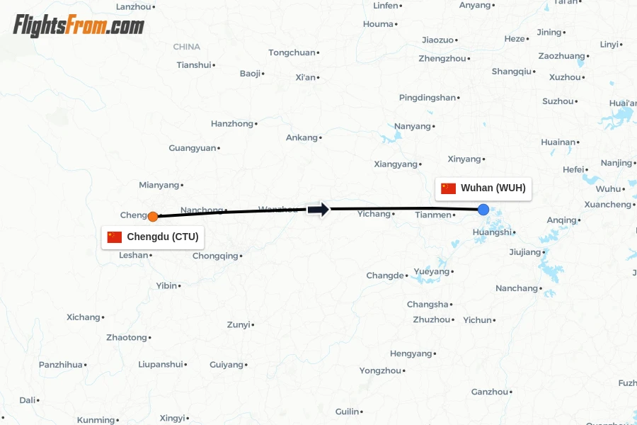 Flights from Chengdu to Wuhan route map