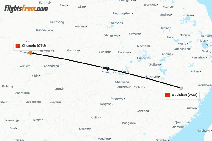 Flights from Chengdu to Wuyishan route map