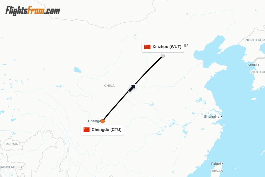 Flights from Chengdu to Xinzhou route map