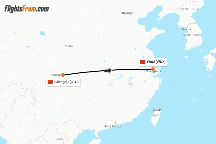 Flights from Chengdu to Wuxi route map