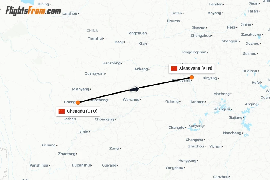 Flights from Chengdu to Xiangyang route map
