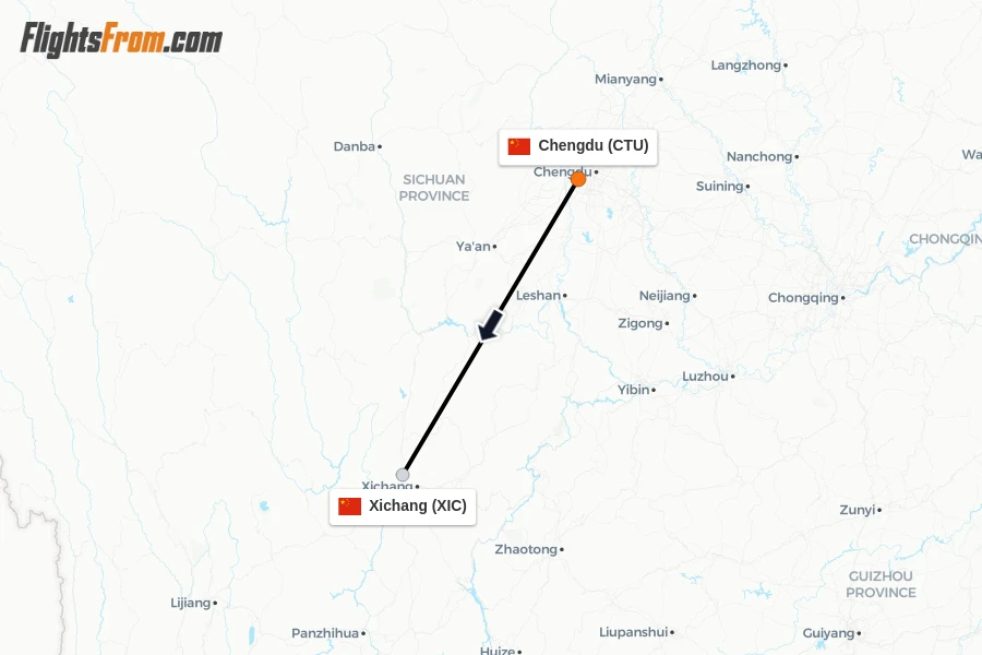Flights from Chengdu to Xichang route map