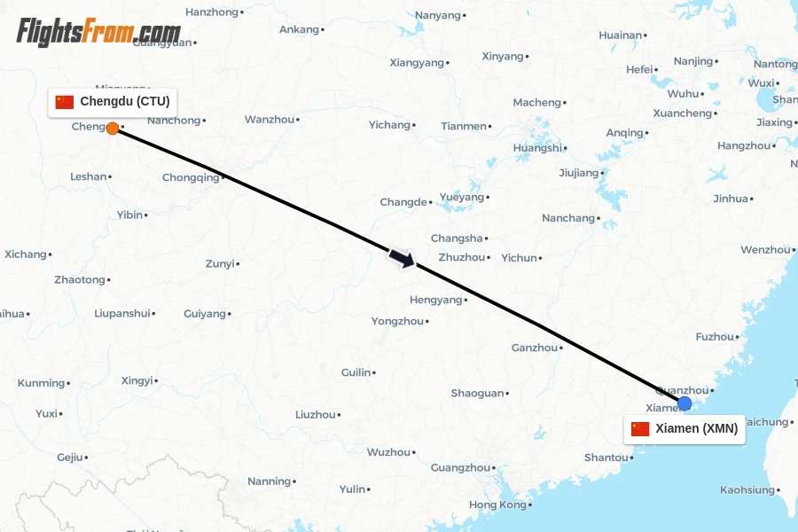 Flights from Chengdu to Xiamen route map